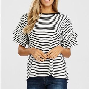 Ruffle Sleeve Striped Tee Shirt